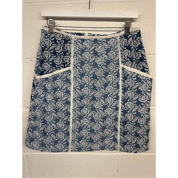 Slate & Willow Sz 6 Blue Floral Embroidered Denim A-Line Mini Skirt - Picture 3 of 6